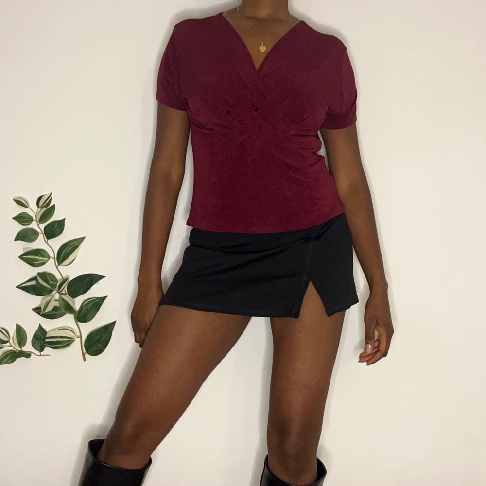 Chic Burgundy Top and Black Mini Skirt Set